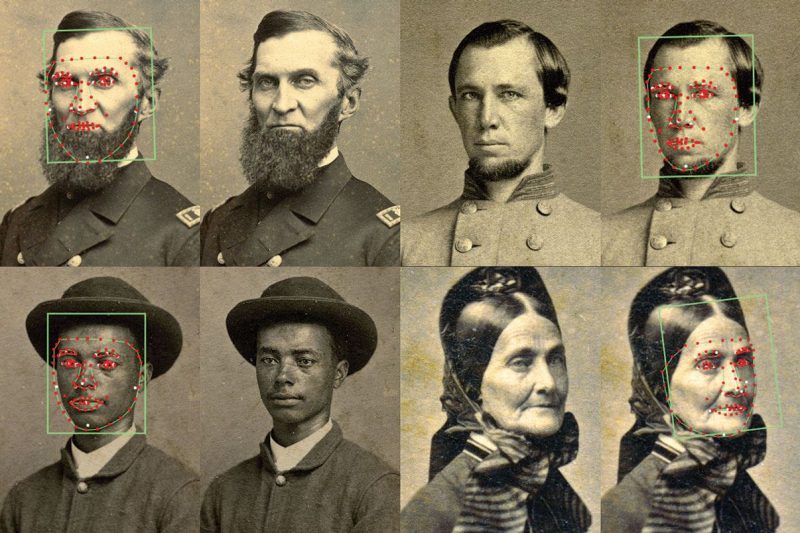A depiction of how the photo sleuth software uses facial recognitions technology and community to rediscover lost identities in American Civil War-era photographs.
