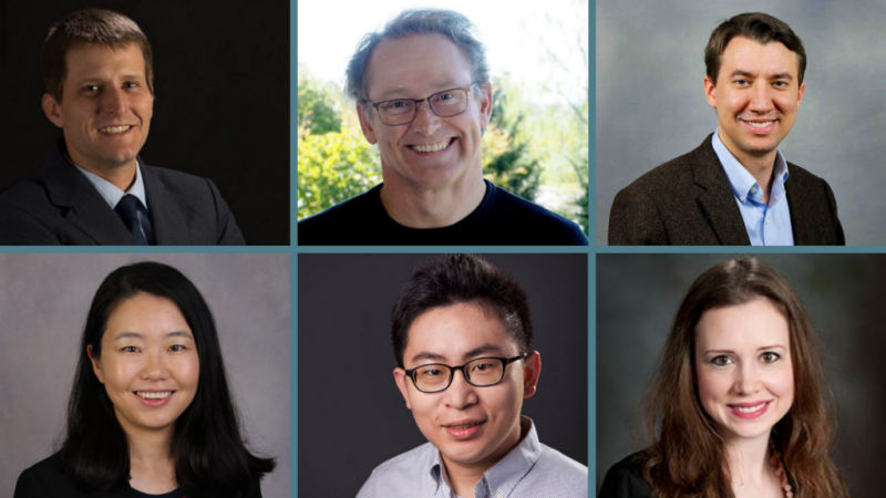 Virginia Tech researchers Aaron Brantly, David Hicks, and Kurt Luther (top left to right) and Ruoxi Jia, Jia-Bin Huang, and Adrienne Ivory (bottom left to right) were awarded projects to investigate the spread of disinformation via social media. 