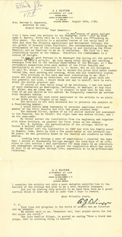 A letter from Andrew Jackson “A.J.” Oliver in response to a 1934 Virginia Tech alumni newspaper article titled “The First Faculty” that references his father, Andrew Oliver.