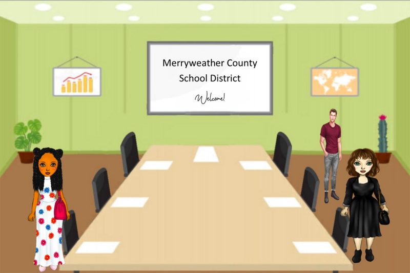 Illustration of a group of people standing around a conference room table. There is a sign in the background that reads “Merryweather County School District Welcome!”