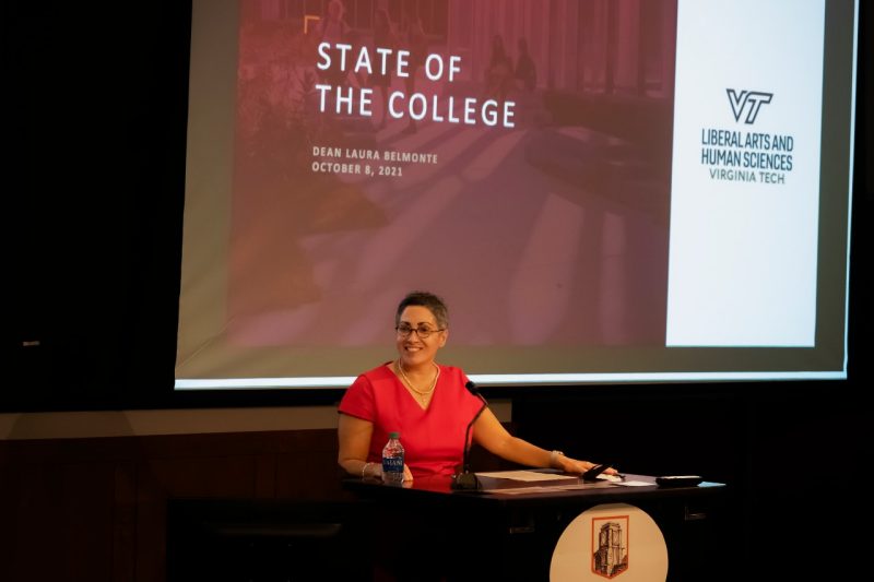 Laura Belmonte at the podium at her inaugural State of the College address