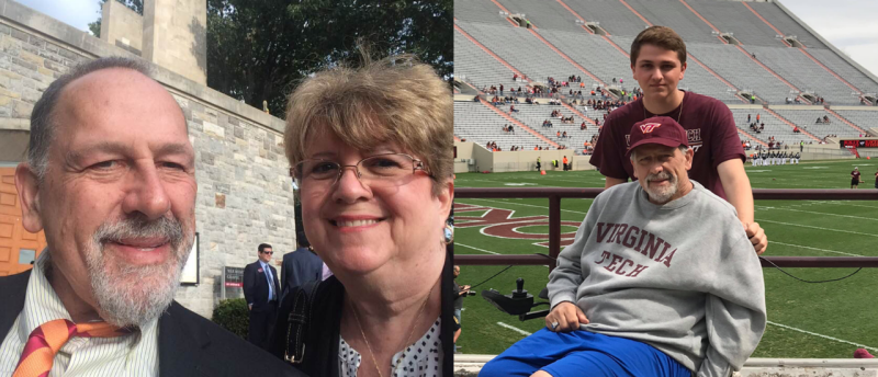 Larry Ribler and Anna Alvarez pose for a photo on VT campus on one side of the collage. On the other side, Jackson stands behind his father as they pose for a photo inside Lane Stadium.