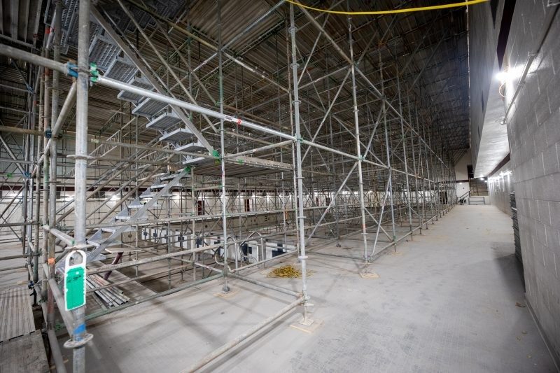 Photo of Scaffolding placed over War Memorial Hall's pool. 