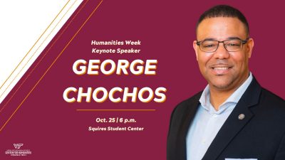 George Chochos in his official portrait next to text stating his name and the event time and place of Oct. 25, 6 p.m., Squires Student Center