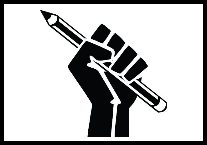 An illustration of a black fist holding a pencil