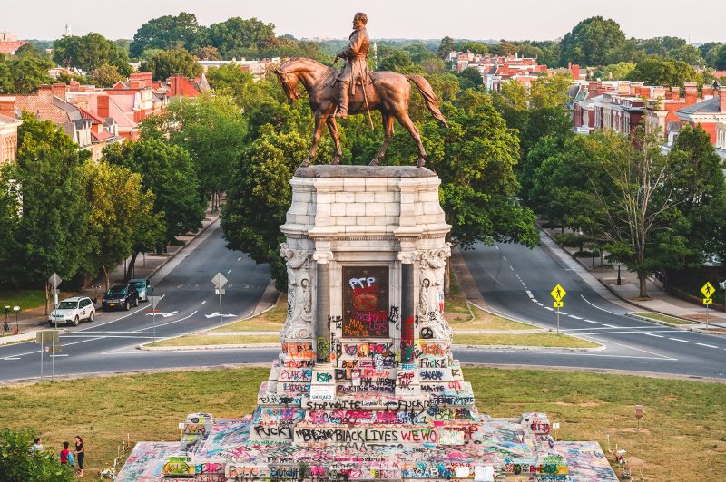 Black lives matter protest graffiti messages on the Robert E. Lee statue in Richmond, Virginia