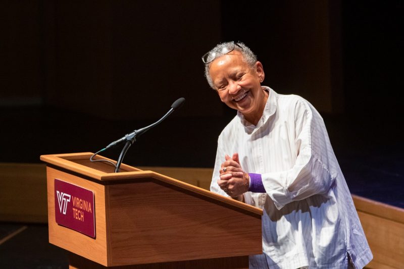 Nikki Giovanni enjoys a moment at the podium during the 2019 Giovanni Celebration of Poetry.