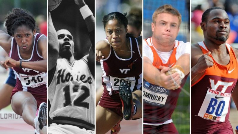 The Hokie Olympian panelists are, from left, Kristi Castlin, Bimbo Coles, Queen Harrison-Claye, Marcel Lomnicky, and Darrell Wesh.