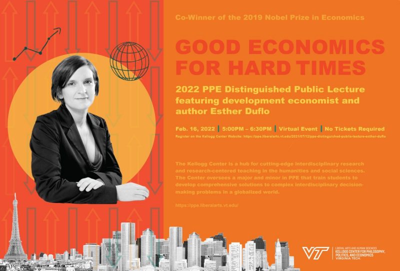 A poster with details on the 2022 PPE Lecture Series event featuring Esther Duflo on the front graphic