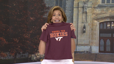 Hoda Kotb holds up a Virginia Tech Hokies T-shirt.