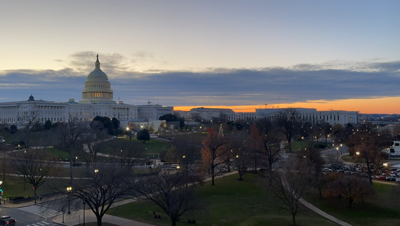 The Washington, D.C. skyline at sunset with the Capitol pictured