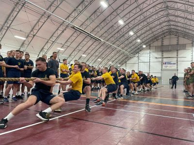 Midshipmen in a friendly competition of tug of war