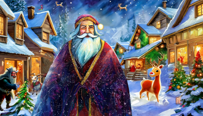An array of holiday figures stand in front of log houses on a snowy, starry night.